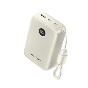 High-Capacity 20000mAh LED Power Bank with Built-in USB-C Cable - Beige