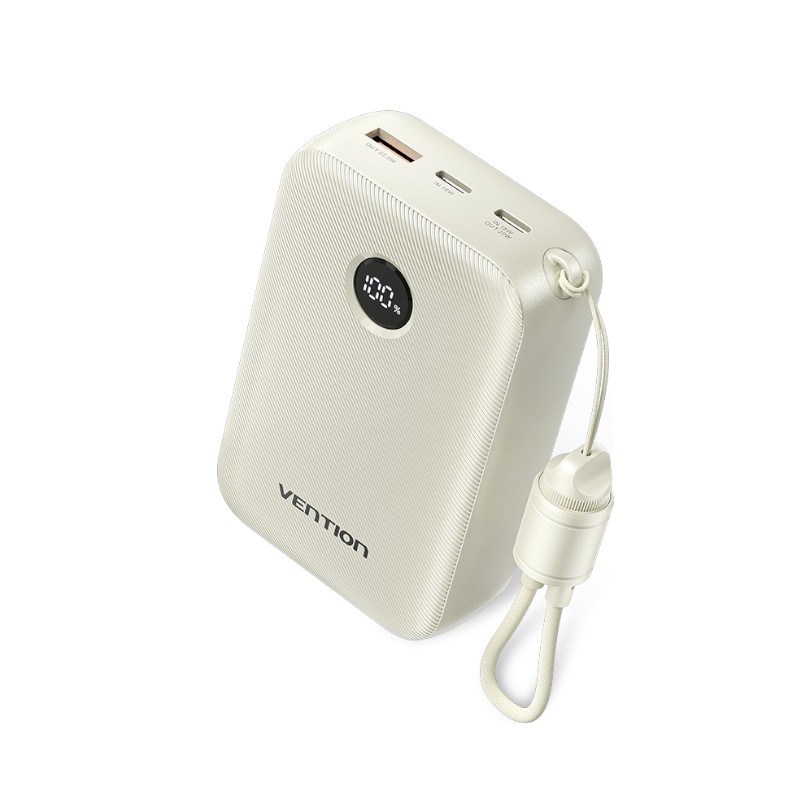 High-Capacity 20000mAh LED Power Bank with Built-in USB-C Cable - Beige % High-Capacity 20000mAh LED Power Bank with Built-in USB-C Cable - Beige