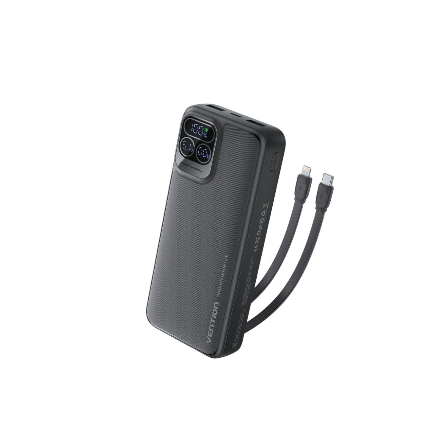 High-Capacity 20000mAh Power Bank with USB-C & Lightning Cables – Black % High-Capacity 20000mAh Power Bank with USB-C & Lightning Cables – Black