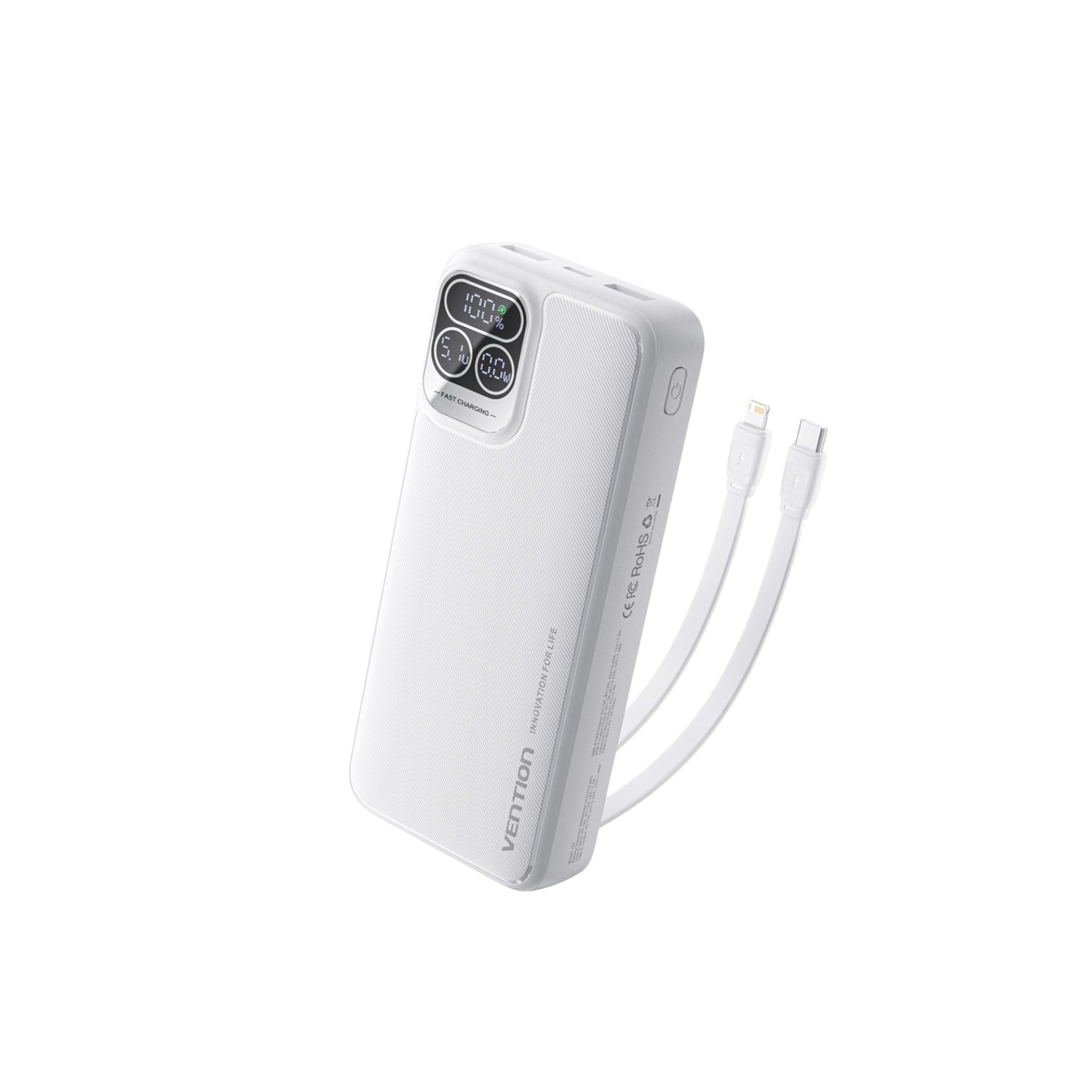 High-Capacity 20000mAh Power Bank with USB-C & Lightning Cables - White % High-Capacity 20000mAh Power Bank with USB-C & Lightning Cables - White