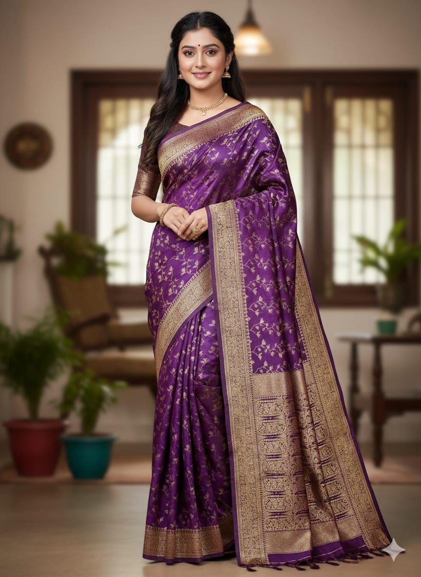 Kashmiri Katan Silk Saree - Exquisite Traditional Weave for Elegant Occasions % Kashmiri Katan Silk Saree - Exquisite Traditional Weave for Elegant Occasions