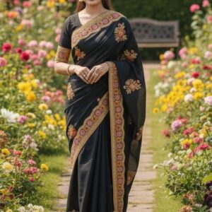 Luxurious Semi-Moslin Embroidered Saree - Elegant Traditional Wear