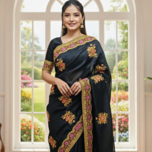 Luxurious Semi-Moslin Embroidered Saree for Elegant Occasions