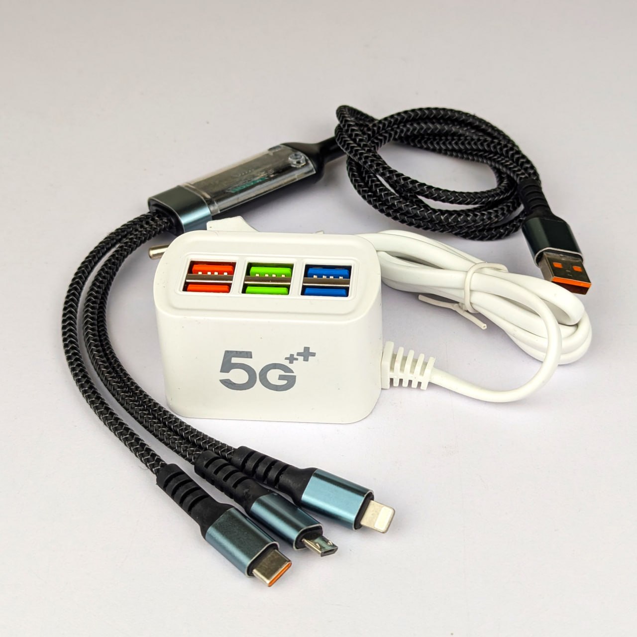 Multi-Port Charger with 3-in-1 Fast Charging Cable - 6-in-1 Solution % Multi-Port Charger with 3-in-1 Fast Charging Cable - 6-in-1 Solution