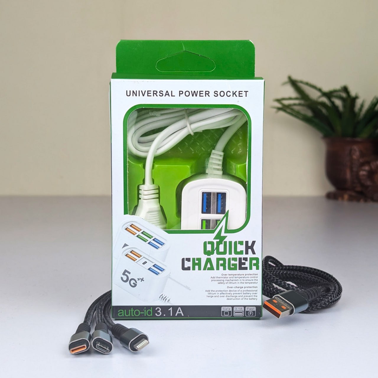 Multi-Port Charger with 3-in-1 Fast Charging Cable - 6-in-1 Solution % Multi-Port Charger with 3-in-1 Fast Charging Cable - 6-in-1 Solution