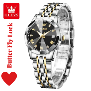 OLEVS Women's Butterfly Lock Watch with Elegant Black Dial