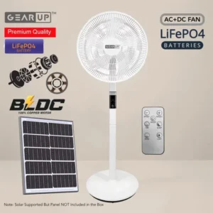 Premium 14-Inch Rechargeable LifePO4 Stand Fan with BLDC Technology - Ideal for AC, DC, and Solar Use