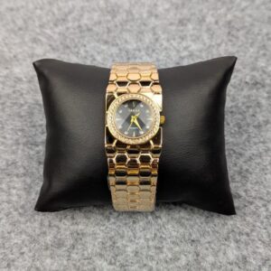 Premium Black Dial Ladies Quartz Watch with Crystal Bezel and Gold Bracelet