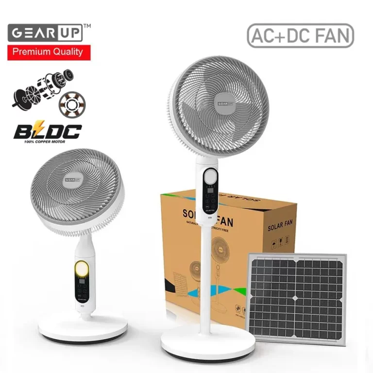 Rechargeable BLDC Solar Stand Fan with 25W Solar Panel - GearUP Premium Series % Rechargeable BLDC Solar Stand Fan with 25W Solar Panel - GearUP Premium Series