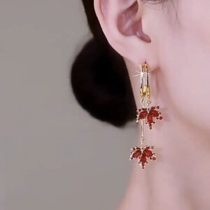 Red Maple Leaf Gold Plated Dangle Hoop Earrings - Elegant Women's Jewelry