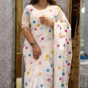 Silk Jamdani Print Saree - Elegant Half Silk Fabric for Timeless Style