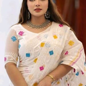 Silk Jamdani Print Saree - Elegant Half Silk Weave for Timeless Style