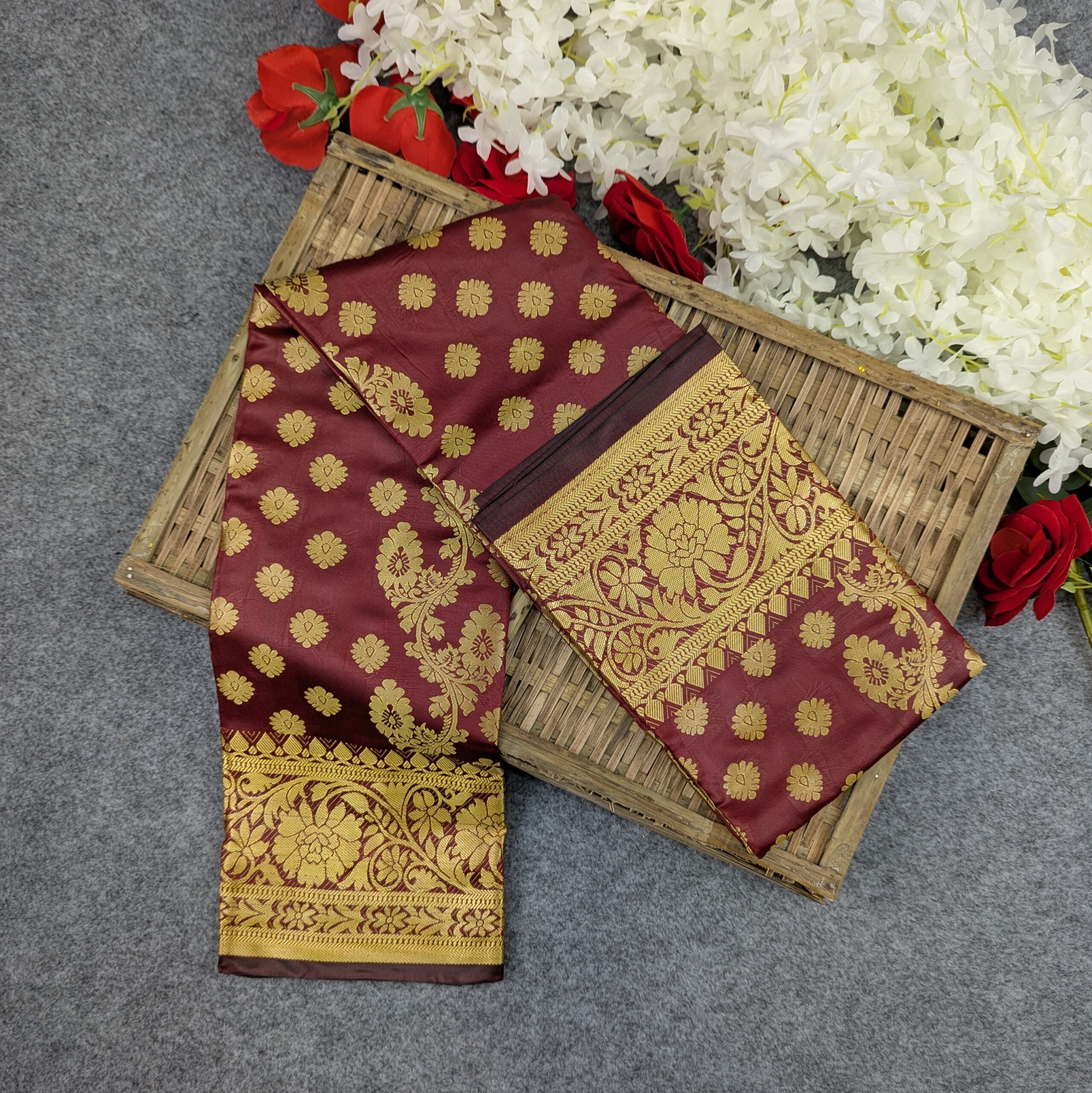 Silk Katan Saree Set in Maroon - Luxurious Premium Combo for Elegance % Silk Katan Saree Set in Maroon - Luxurious Premium Combo for Elegance