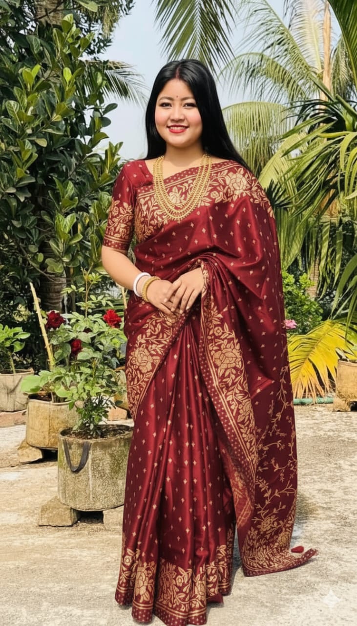 Silk Skin Print Saree with Blouse Piece - Elegant Japanese Design % Silk Skin Print Saree with Blouse Piece - Elegant Japanese Design