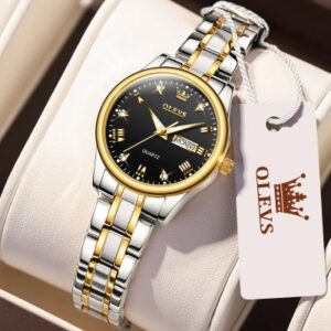 Silver Women's Watch with Black Dial - Olevs 5563 Elegant Timepiece