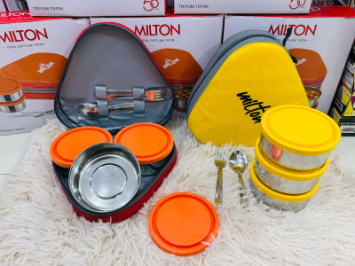 Stainless Steel Tiffin Set with 3 Containers, Jacket, Spoon & Fork - Orange % Stainless Steel Tiffin Set with 3 Containers, Jacket, Spoon & Fork - Orange
