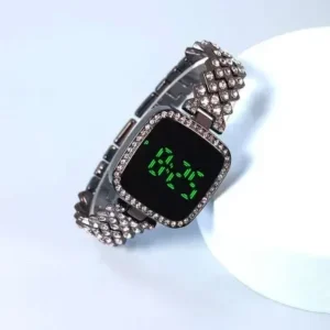 Stylish Black LED Diamond Touch Screen Watch with Steel Chain Bracelet for Women
