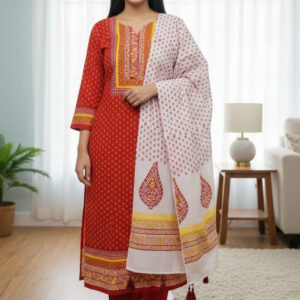 Stylish Block Print Three-Piece Set for Effortless Elegance