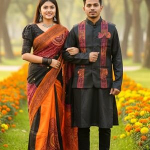 Stylish Couple's Sharee and Panjabi Set with Elegant Koti for Festive Occasions