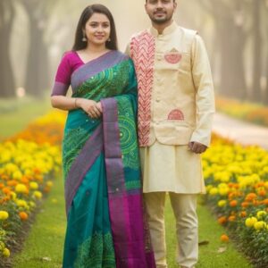 Stylish Couple's Sharee and Panjabi Set with Elegant Koti for Special Occasions