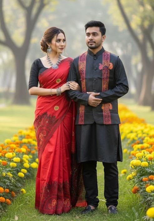 Stylish Couple's Sharee and Panjabi Set with Koti for Elegant Occasions % Stylish Couple's Sharee and Panjabi Set with Koti for Elegant Occasions