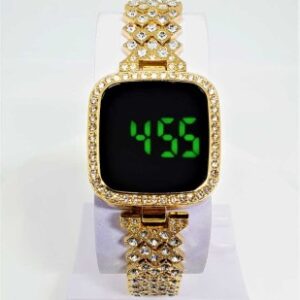 Stylish Women's LED Diamond Touch Screen Watch with Steel Chain Bracelet in Gold