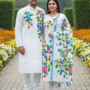Three-Piece Couple Panjabi Set - Elegant Traditional Attire for Him and Her