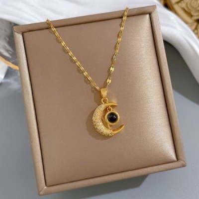 Titanium Steel Moon Pendant Necklace – Colorful Jewelry for Women % Titanium Steel Moon Pendant Necklace – Colorful Jewelry for Women