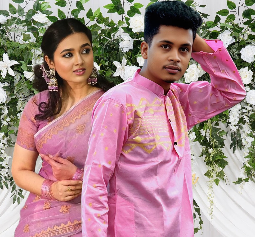 Traditional Couple's Sharee and Panjabi Set - Elegant Ethnic Wear for Him and Her % Traditional Couple's Sharee and Panjabi Set - Elegant Ethnic Wear for Him and Her