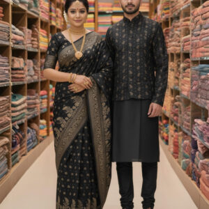 Traditional Couple's Sharee and Panjabi Set with Elegant Koti