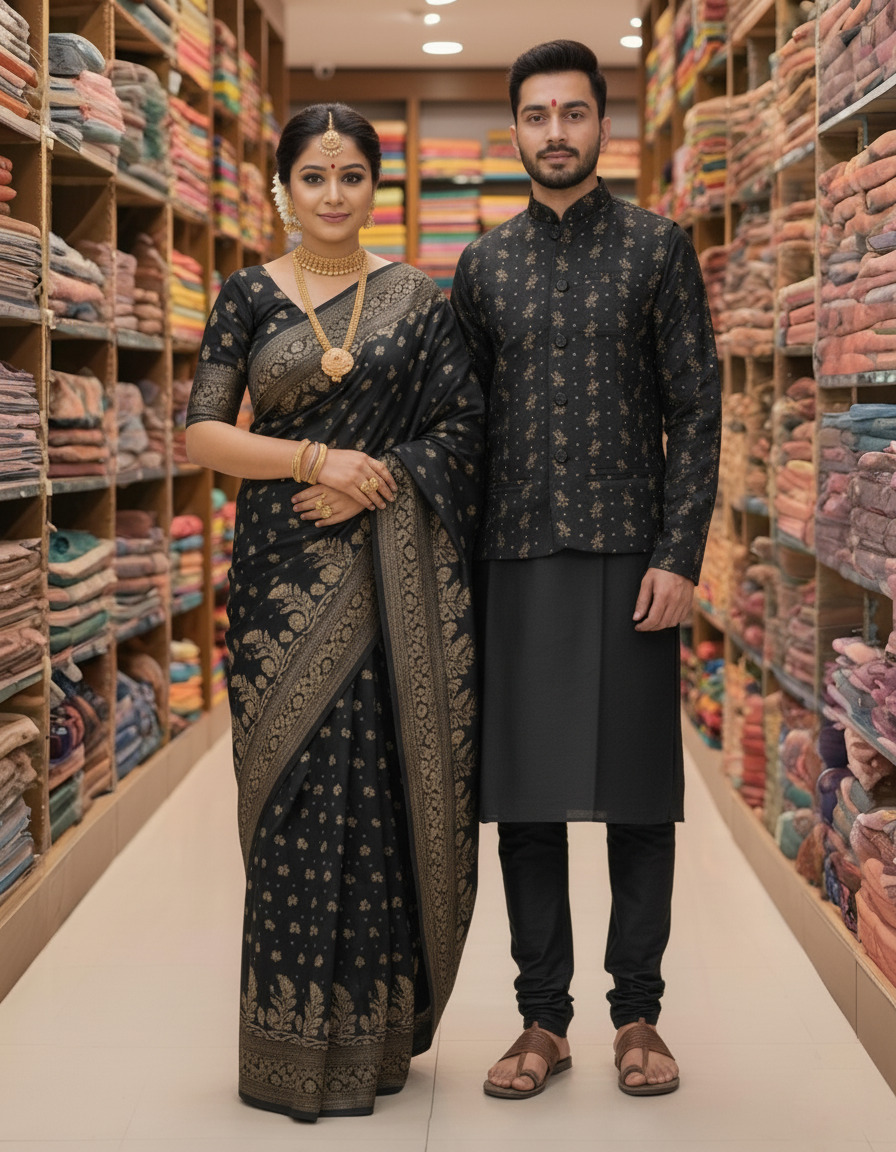 Traditional Couple's Sharee and Panjabi Set with Elegant Koti % Traditional Couple's Sharee and Panjabi Set with Elegant Koti
