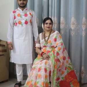 Traditional Sharee and Panjabi Couple Outfit Set Without Blouse Piece