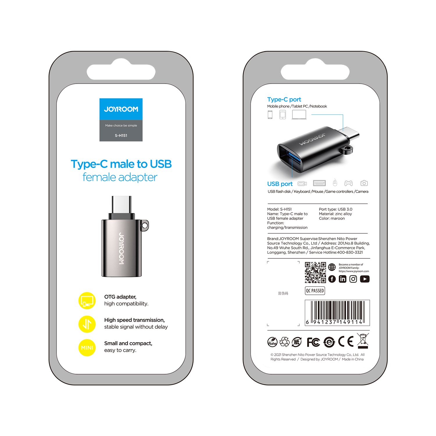 Type-C to USB Female Adapter by Joyroom - Premium S-H151 Connector % Type-C to USB Female Adapter by Joyroom - Premium S-H151 Connector