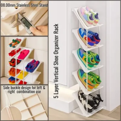 Vertical 5-Tier Shoe Rack - Space-Saving Cabinet with Durable Stainless Steel Frame % Vertical 5-Tier Shoe Rack - Space-Saving Cabinet with Durable Stainless Steel Frame