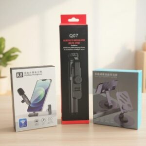 Wireless Microphone and Bluetooth Selfie Stick Combo with 360° Phone Stand