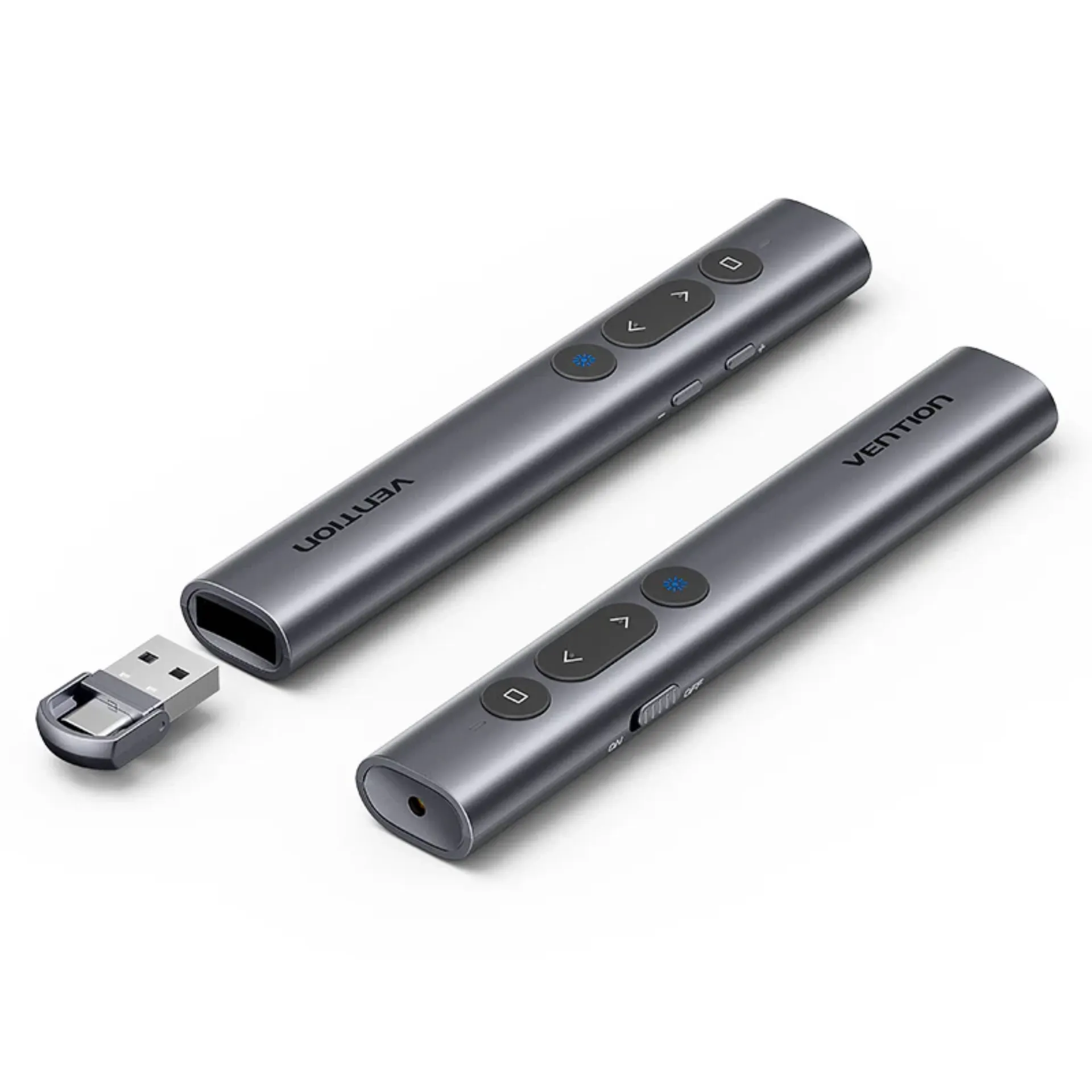 Wireless Presentation Clicker with Red Laser Pointer - Sleek Gray Design % Wireless Presentation Clicker with Red Laser Pointer - Sleek Gray Design